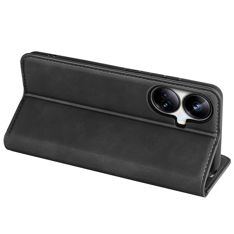 Для Realme 10 Pro+ 5G PU Leather Magnetic Absorption Wallet Case Skin-touch Feeling Anti-Scratch Flip Stand Phone Cover - Черный