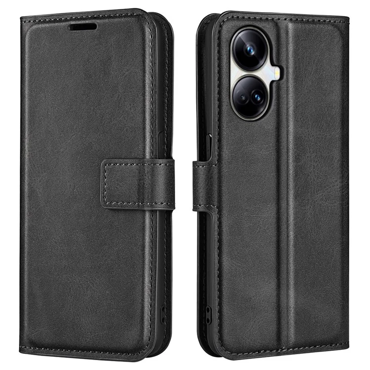 Для Realme 10 Pro+ 5G PU Leather Stand Wallet Case Calf Texture Square Magnetic Clasp Shockproof Phone Cover - Black