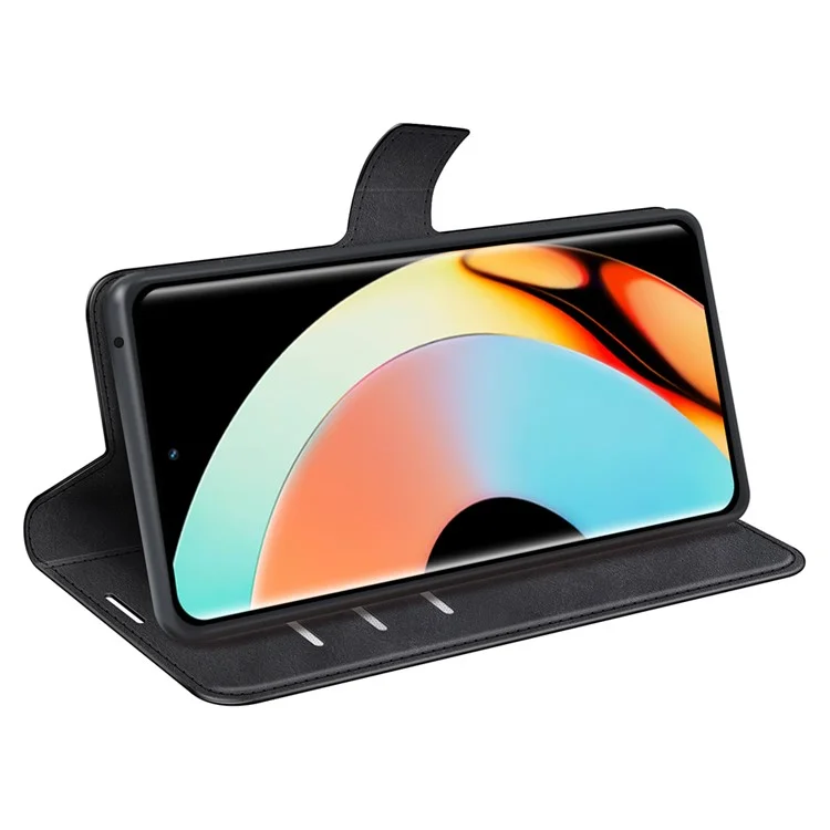Для Realme 10 Pro+ 5G PU Leather Stand Wallet Case Calf Texture Square Magnetic Clasp Shockproof Phone Cover - Black