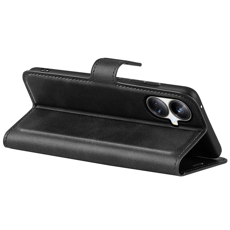Для Realme 10 Pro+ 5G PU Leather Stand Wallet Case Calf Texture Square Magnetic Clasp Shockproof Phone Cover - Black
