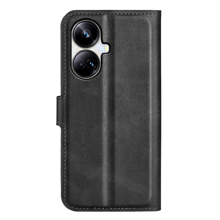 Для Realme 10 Pro+ 5G PU Leather Stand Wallet Case Calf Texture Square Magnetic Clasp Shockproof Phone Cover - Black