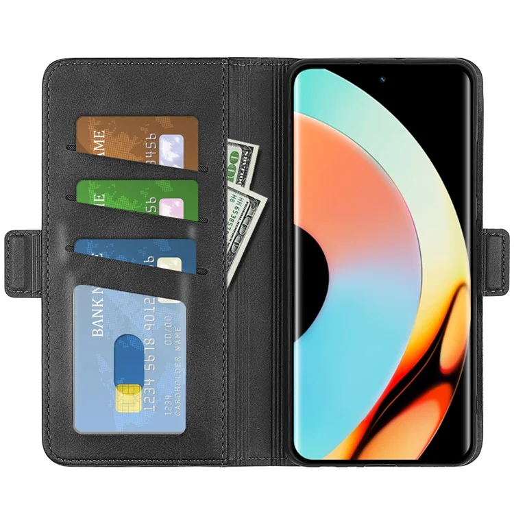For Realme 10 Pro+ 5G Drop Protection Cell Phone Cover PU Leather Dual Magnetic Clasp Calf Texture Stand Case Wallet - Black