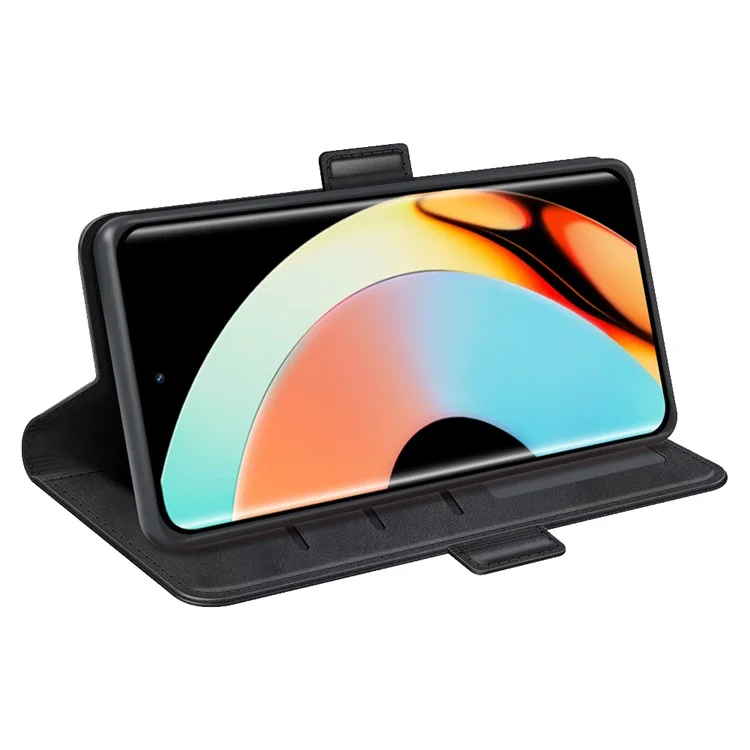 For Realme 10 Pro+ 5G Drop Protection Cell Phone Cover PU Leather Dual Magnetic Clasp Calf Texture Stand Case Wallet - Black