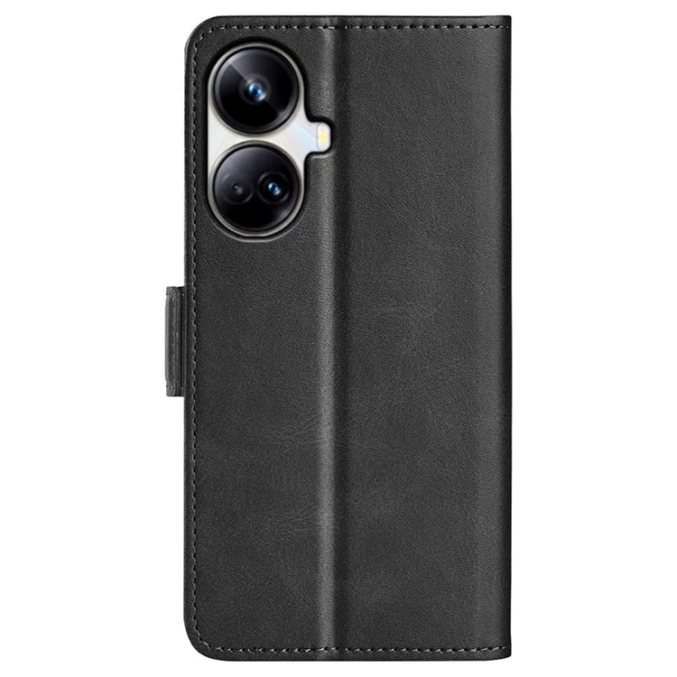 For Realme 10 Pro+ 5G Drop Protection Cell Phone Cover PU Leather Dual Magnetic Clasp Calf Texture Stand Case Wallet - Black