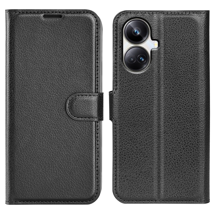 Для Realme 10 Pro+ 5G Litchi Texture PU Leather Stand Wallet Phone Cover Full Protection Flip Anti-scratch Phone Case - Black