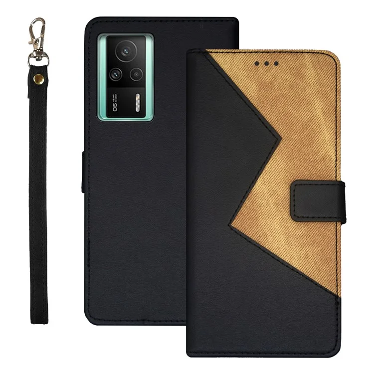 IDEWEI Para Xiaomi Redmi K60E 5G Cor Splicing PU Leather Magnetic Phone Case Card Holder Shockproof Phone Cover with Wrist Strap - Preto