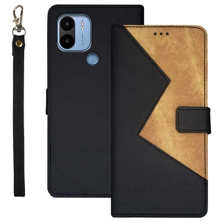 IDEWEI per Xiaomi Redmi A1+ 4G / A2+ 4G / Poco C50 4G Card Slots Color Splicing Fully Wrapped Leather Magnetic Phone Case con Cinturino da Polso - Nero