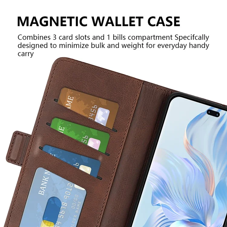 Per Honor 80 Pro 5G Cover in pelle PU con protezione da caduta, chiusura magnetica doppia, texture in pelle di vitello, supporto e portafoglio - Marrone 