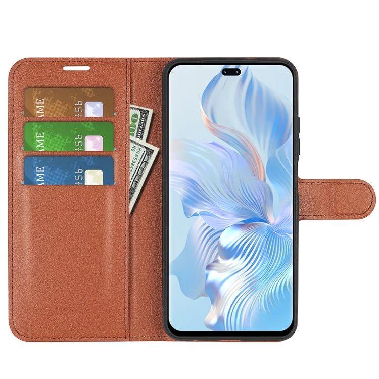 Funda de cartera con soporte para teléfono para Honor 80 Pro 5G, funda de cuero PU con textura de litchi y protección contra caídas - Marrón