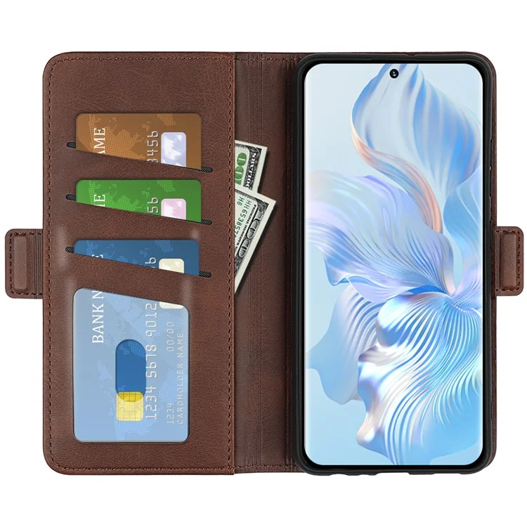 For Honor 80 5G Flip Folio Book Stand PU Leather Phone Case Calf Texture Wallet Style Dual Magnetic Clasp Protective Cover - Brown