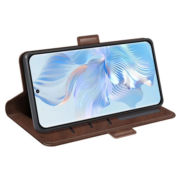 For Honor 80 5G Flip Folio Book Stand PU Leather Phone Case Calf Texture Wallet Style Dual Magnetic Clasp Protective Cover - Brown