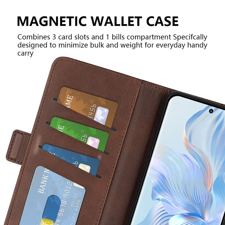 For Honor 80 5G Flip Folio Book Stand PU Leather Phone Case Calf Texture Wallet Style Dual Magnetic Clasp Protective Cover - Brown