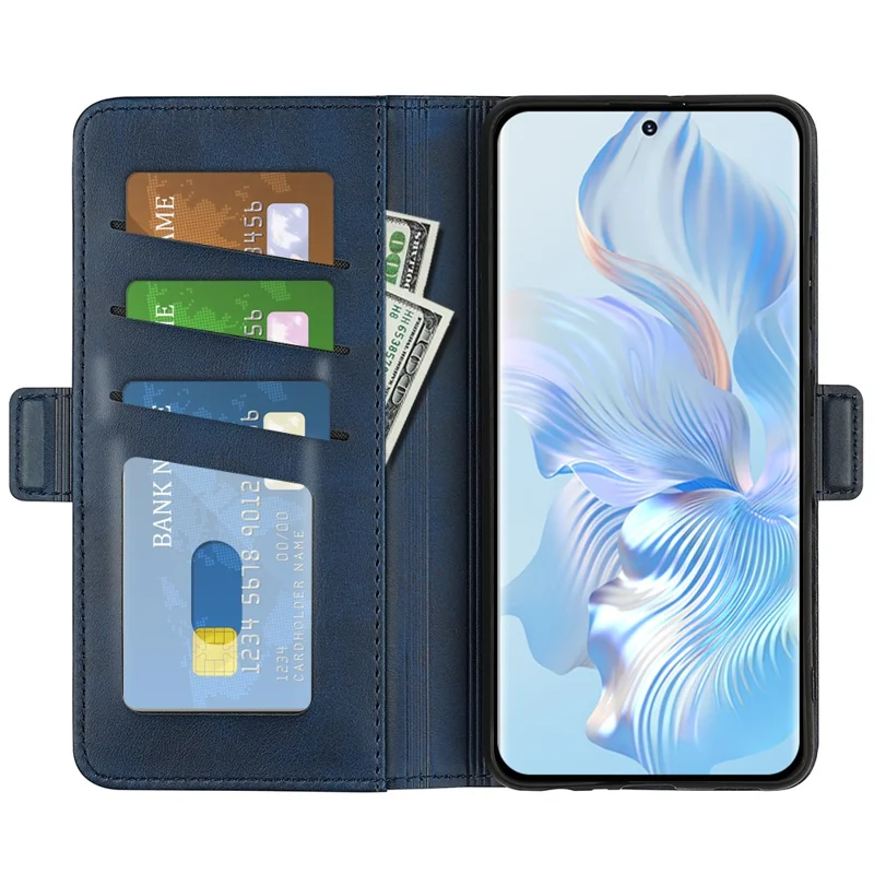 For Honor 80 5G Flip Folio Book Stand PU Leather Phone Case Calf Texture Wallet Style Dual Magnetic Clasp Protective Cover - Blue