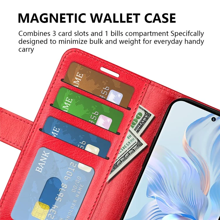 Pour Honor 80 5G Crazy Horse Texture PU Leather Magnetic Phone Case Stand Wallet Flip Cover - Rouge
