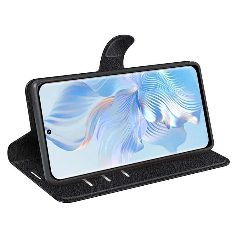 Para Honor 80 5G Funda de teléfono con textura de litchi de piel sintética, soporte, billetera, protección total, tapa flip, antiarañazos - Negro 