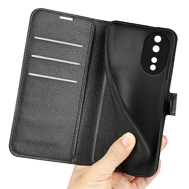 Para Honor 80 5G Funda de teléfono con textura de litchi de piel sintética, soporte, billetera, protección total, tapa flip, antiarañazos - Negro 
