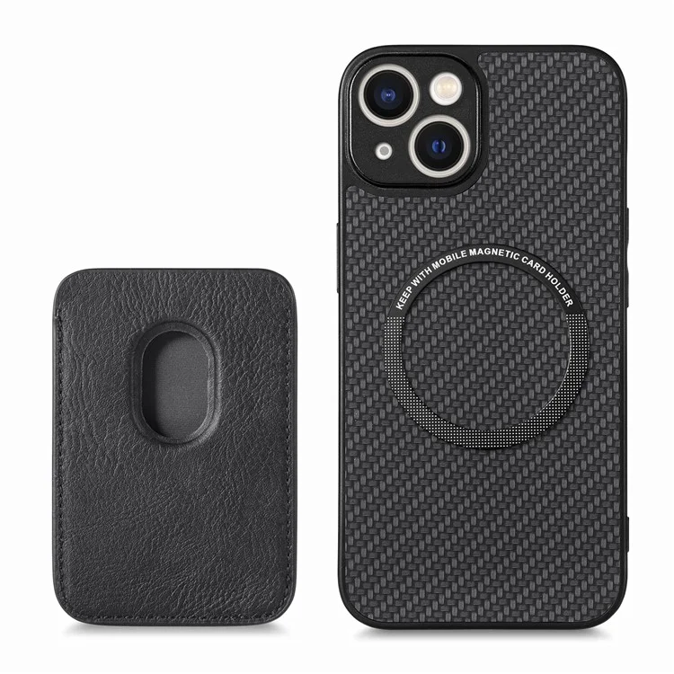For iPhone 14 Detachable 2-in-1 Magnetic Card Holder Phone Case Carbon Fiber Texture PU Leather + TPU + PC Anti-drop Protective Cover - Black