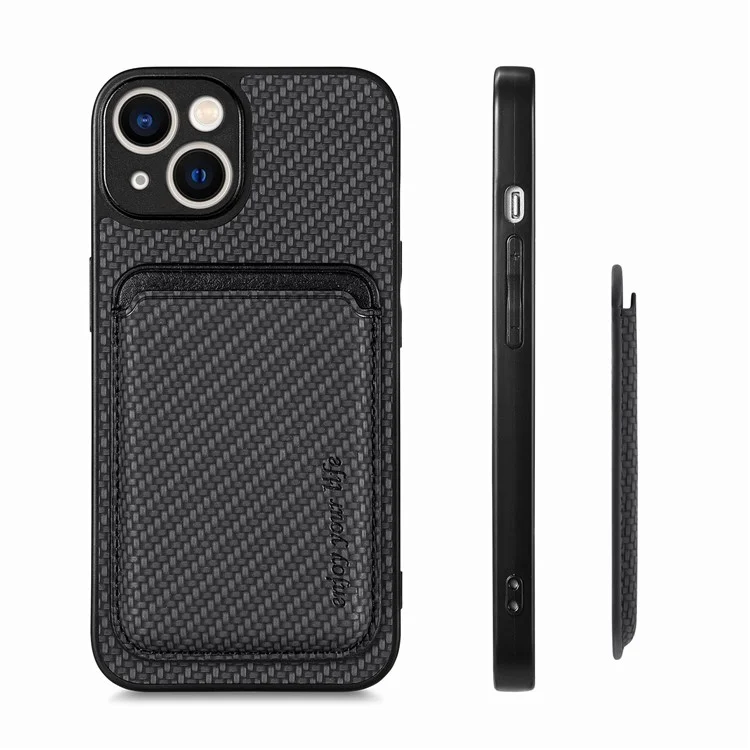 For iPhone 14 Detachable 2-in-1 Magnetic Card Holder Phone Case Carbon Fiber Texture PU Leather + TPU + PC Anti-drop Protective Cover - Black