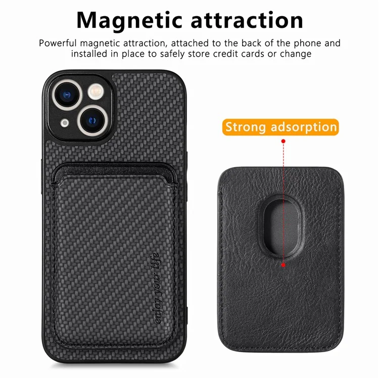 For iPhone 14 Detachable 2-in-1 Magnetic Card Holder Phone Case Carbon Fiber Texture PU Leather + TPU + PC Anti-drop Protective Cover - Black