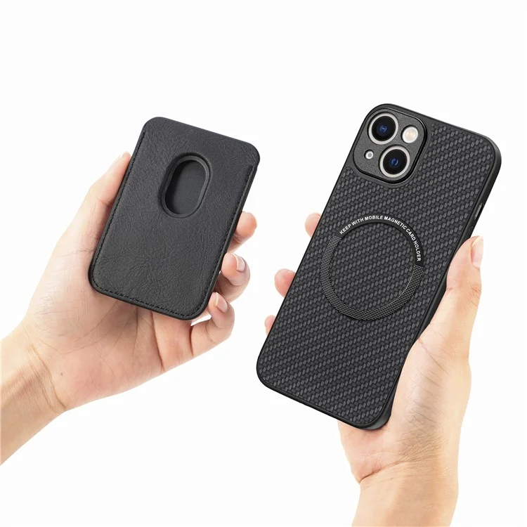 For iPhone 14 Detachable 2-in-1 Magnetic Card Holder Phone Case Carbon Fiber Texture PU Leather + TPU + PC Anti-drop Protective Cover - Black