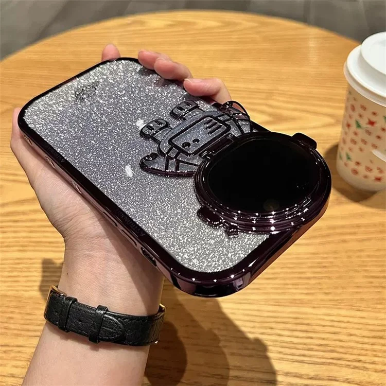 Coque de téléphone TPU à placage électrolytique pour iPhone 13 Pro 6,1 pouces, motif astronaute scintillant, antichute et antichoc, avec couvre-objectif et support - violet