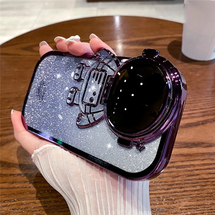Coque de téléphone TPU à placage électrolytique pour iPhone 13 Pro 6,1 pouces, motif astronaute scintillant, antichute et antichoc, avec couvre-objectif et support - violet