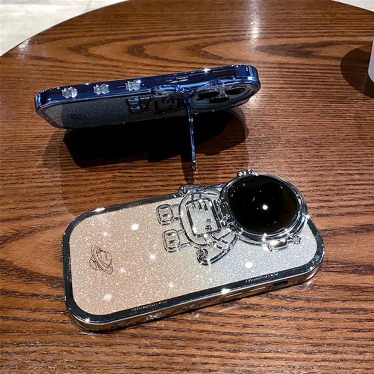 Spaceman Glitter Phone Case for iPhone 14 Pro Max Shockproof Case Anti-Fall Electroplating TPU Phone Shell with Lens Cover Kickstand - Purple