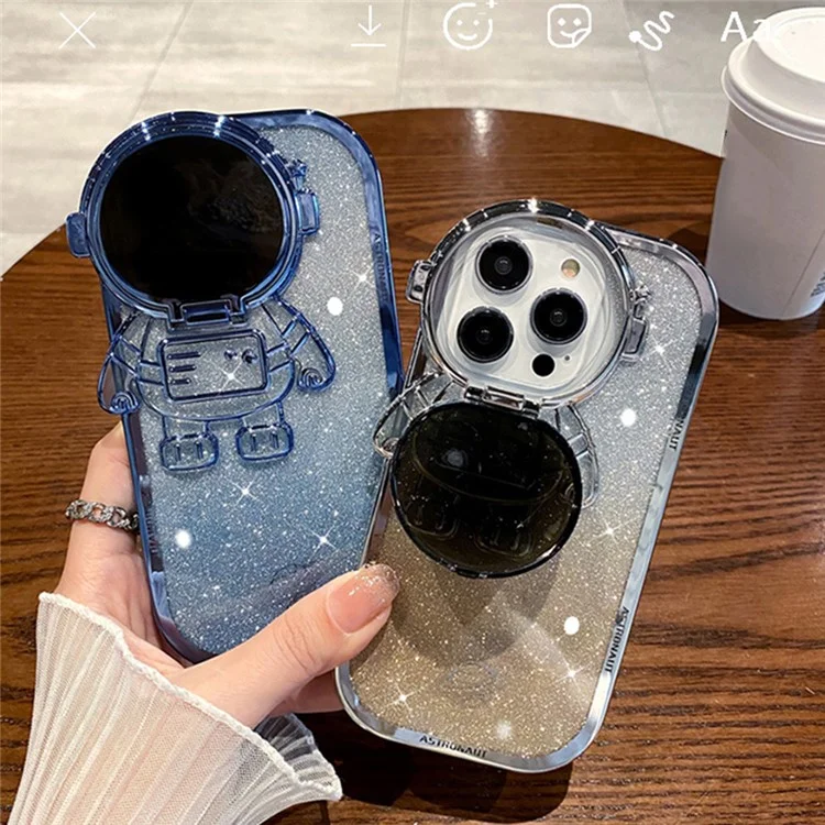 Spaceman Glitter Phone Case for iPhone 14 Pro Max Shockproof Case Anti-Fall Electroplating TPU Phone Shell with Lens Cover Kickstand - Purple
