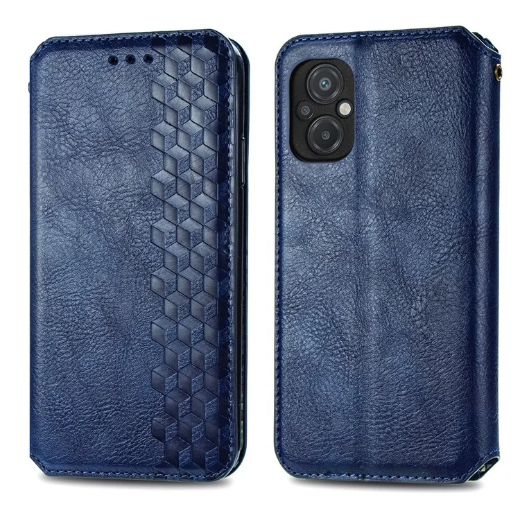 Per Xiaomi Poco M5 4G Rhombus Imprinted PU Leather Case Stand Magnetic Absorption Wallet Flip Protective Phone Cover - Blue
