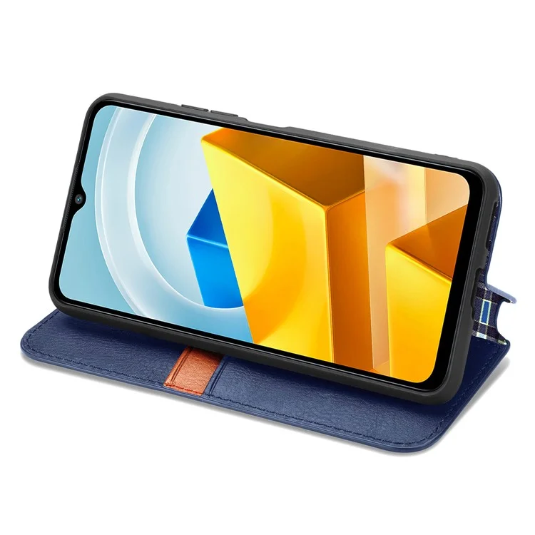 Per Xiaomi Poco M5 4G Rhombus Imprinted PU Leather Case Stand Magnetic Absorption Wallet Flip Protective Phone Cover - Blue