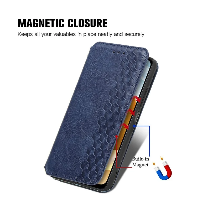 Per Xiaomi Poco M5 4G Rhombus Imprinted PU Leather Case Stand Magnetic Absorption Wallet Flip Protective Phone Cover - Blue