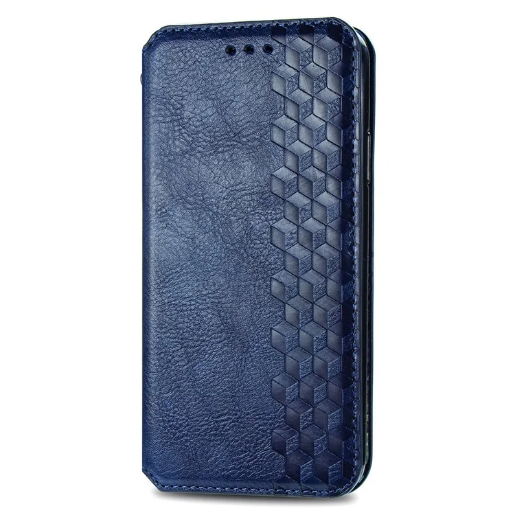 Per Xiaomi Poco M5 4G Rhombus Imprinted PU Leather Case Stand Magnetic Absorption Wallet Flip Protective Phone Cover - Blue