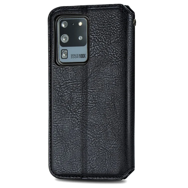 For Samsung Galaxy S20 Ultra 4G / 5G Rhombus Imprinted PU Leather Flip Case Wallet Stand Magnetic Auto Closing Phone Cover - Black