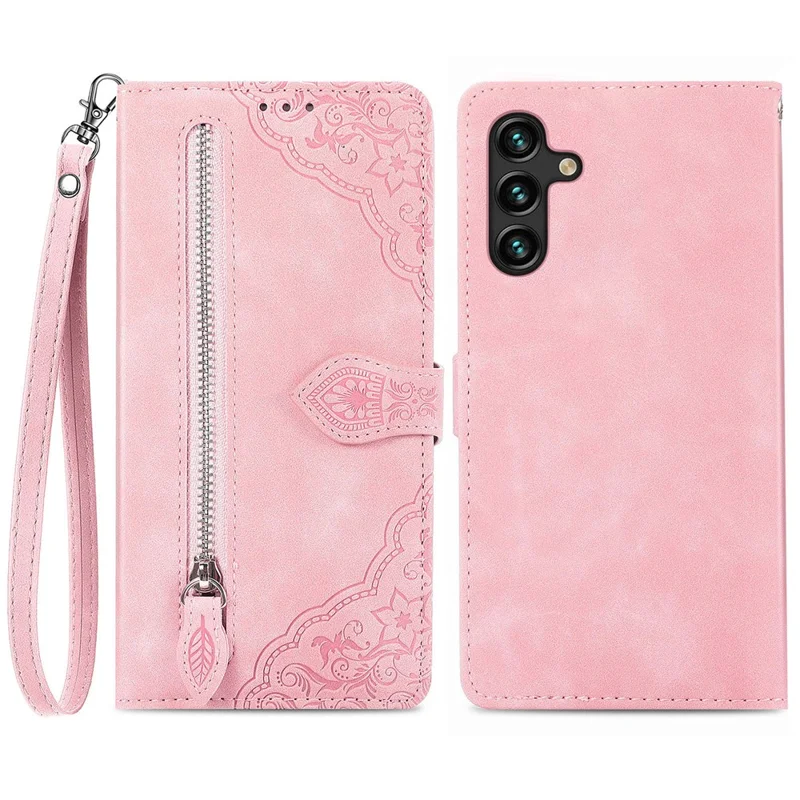Para o Samsung Galaxy A04s 4G (164,7 x 76,7 x 9,1 Mm) / A13 5G / M13 5G Flor Padrão Padrão PU Zipper de Capelo Capa de Topela de Polente Tapel Casa de Parte - Cor de Rosa