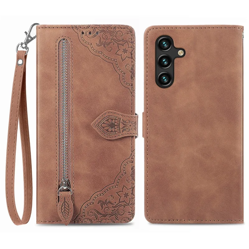 For Samsung Galaxy A04s 4G (164.7 x 76.7 x 9.1 mm) / A13 5G / M13 5G Flower Imprinted Pattern PU Leather Zipper Pocket Cell Phone Cover Stand Wallet Case - Brown