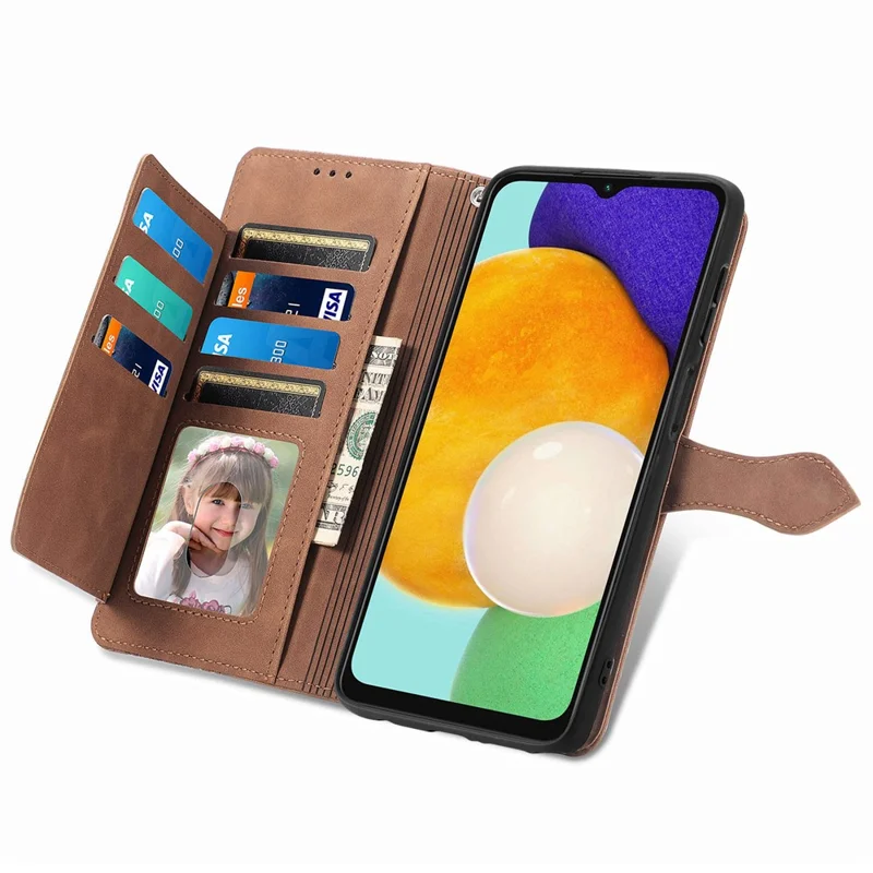 For Samsung Galaxy A04s 4G (164.7 x 76.7 x 9.1 mm) / A13 5G / M13 5G Flower Imprinted Pattern PU Leather Zipper Pocket Cell Phone Cover Stand Wallet Case - Brown