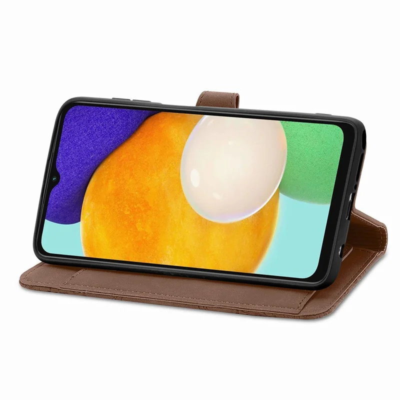 For Samsung Galaxy A04s 4G (164.7 x 76.7 x 9.1 mm) / A13 5G / M13 5G Flower Imprinted Pattern PU Leather Zipper Pocket Cell Phone Cover Stand Wallet Case - Brown