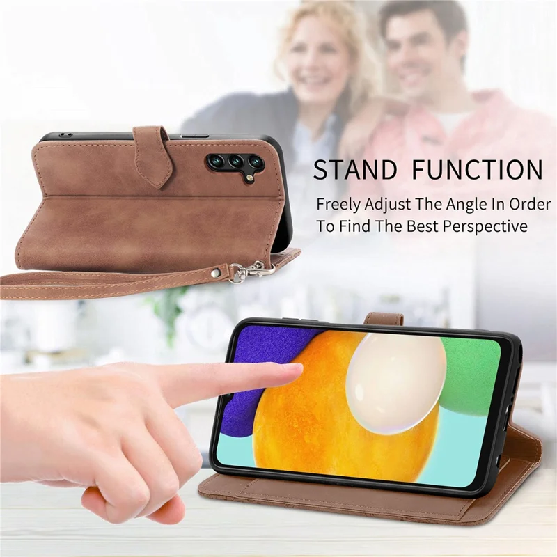 For Samsung Galaxy A04s 4G (164.7 x 76.7 x 9.1 mm) / A13 5G / M13 5G Flower Imprinted Pattern PU Leather Zipper Pocket Cell Phone Cover Stand Wallet Case - Brown