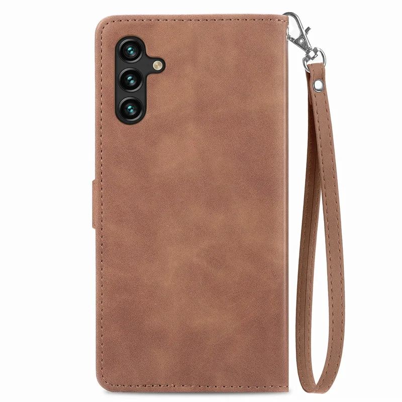For Samsung Galaxy A04s 4G (164.7 x 76.7 x 9.1 mm) / A13 5G / M13 5G Flower Imprinted Pattern PU Leather Zipper Pocket Cell Phone Cover Stand Wallet Case - Brown