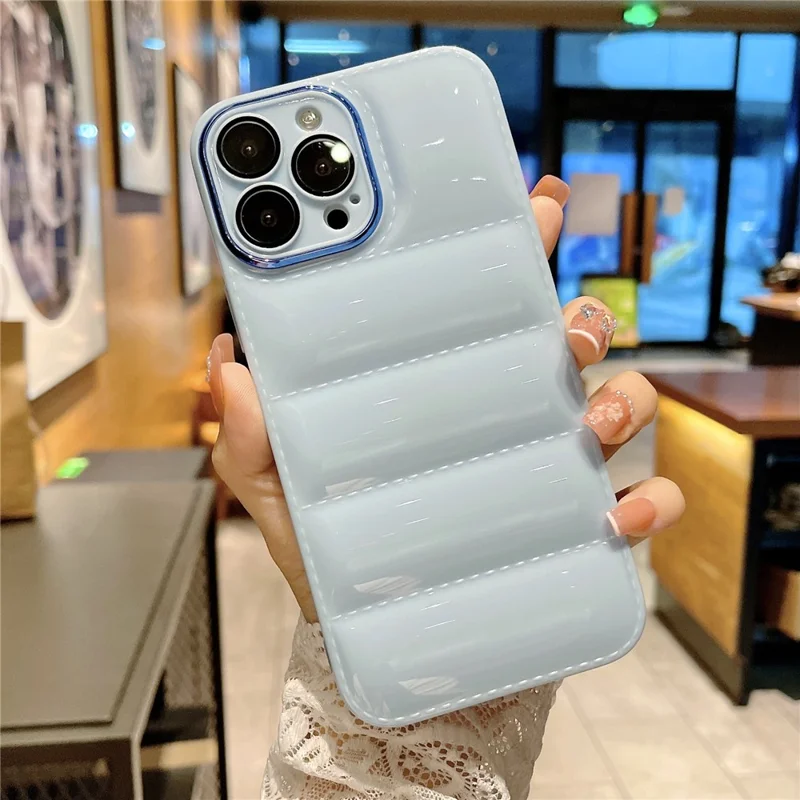 For iPhone 13 Pro Max 6.7 inch Down Jacket Design Shockproof Phone Case TPU Cover with Lens Protector - Baby Blue