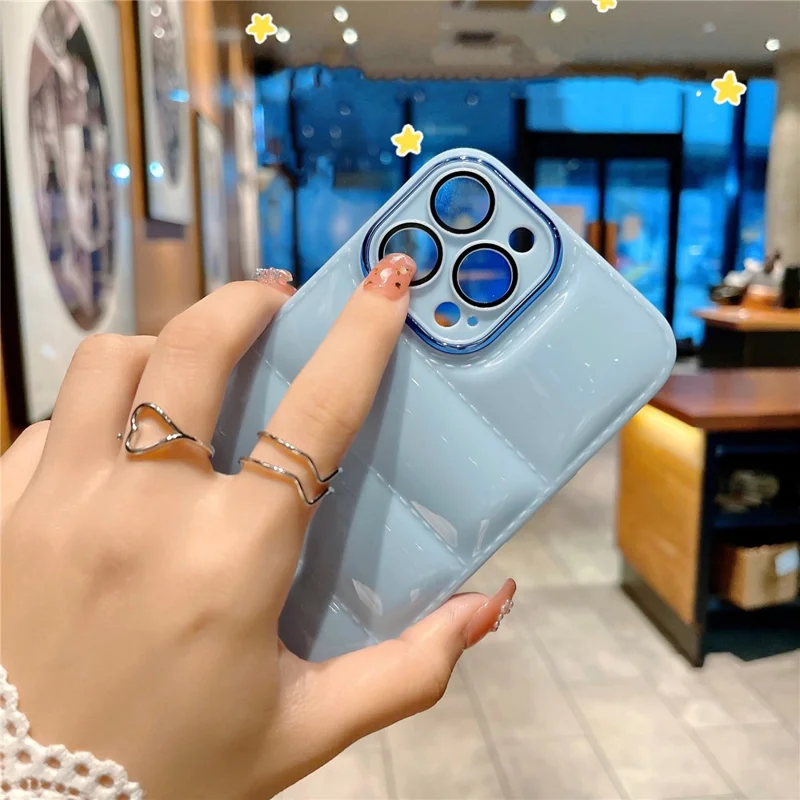 For iPhone 13 Pro Max 6.7 inch Down Jacket Design Shockproof Phone Case TPU Cover with Lens Protector - Baby Blue