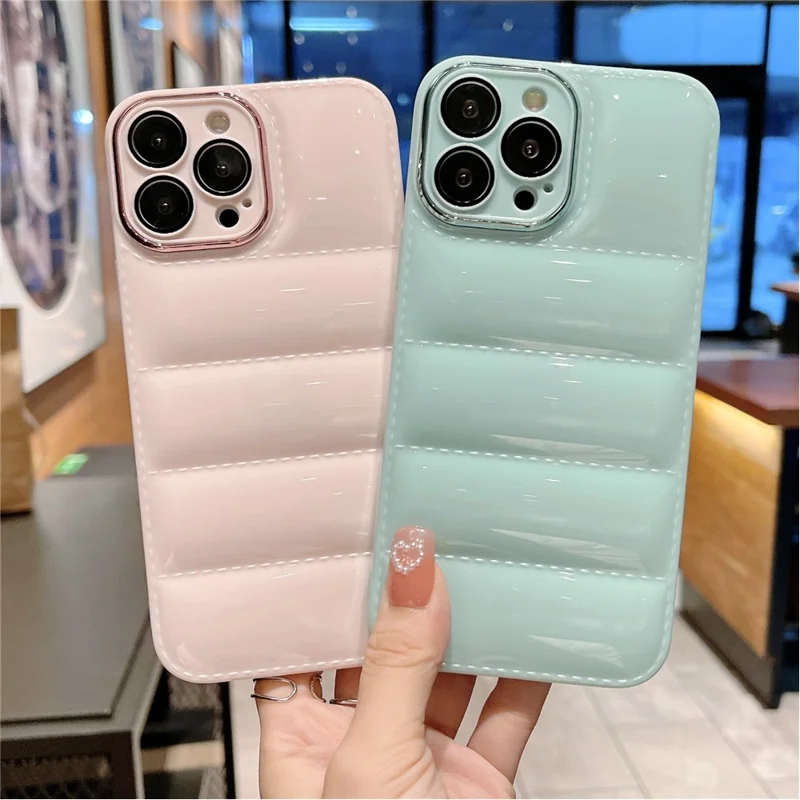 For iPhone 13 Pro Max 6.7 inch Down Jacket Design Shockproof Phone Case TPU Cover with Lens Protector - Baby Blue