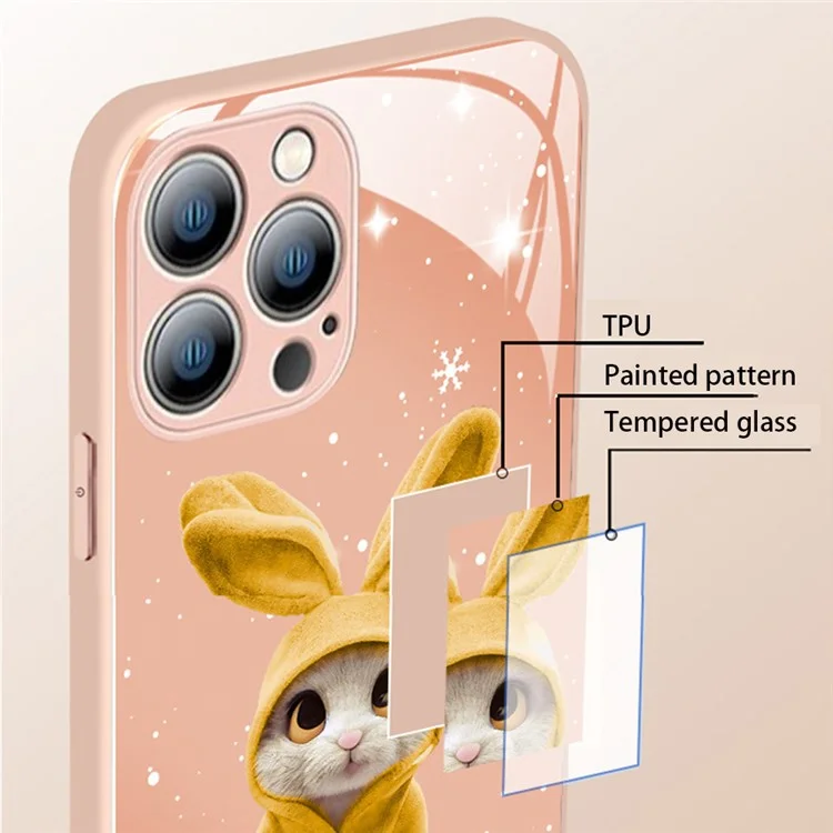 Для iPhone 14 Pro Hard Tempered Glass+TPU Phone Case Shockproof Rabbit Pattern Printing Hybrid Phone Cover - Pink