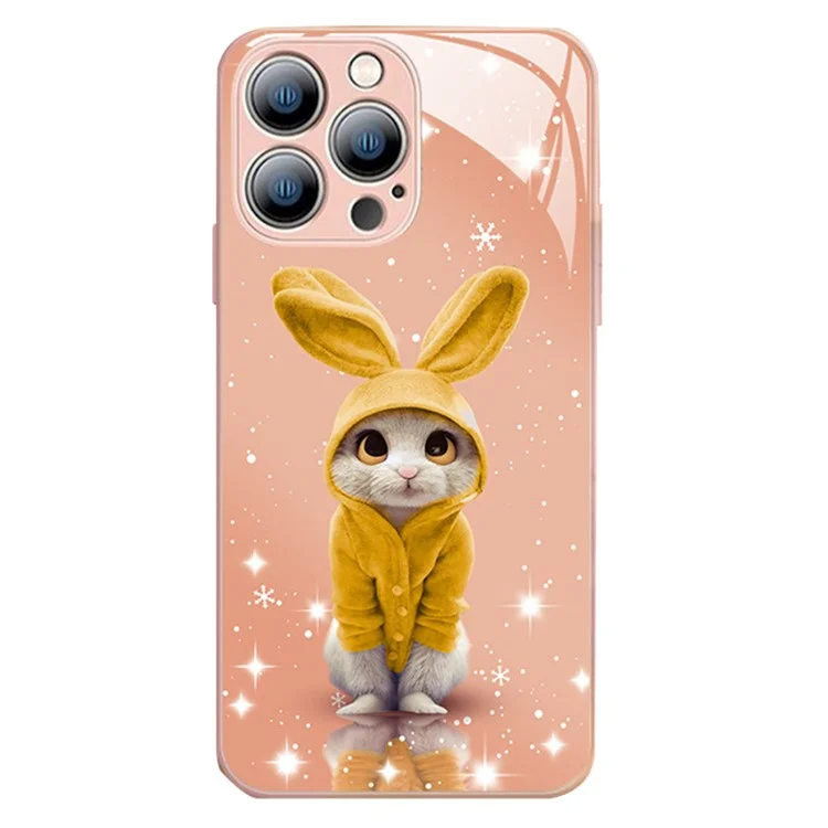 Shockproof Cell Phone Case for iPhone 12 Pro Max 6.7 inch, Tempered Glass+TPU Rabbit Pattern Printing Hybrid Phone Shell - Pink