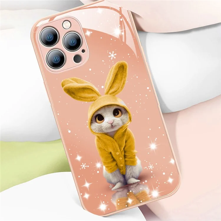 Shockproof Cell Phone Case for iPhone 12 Pro Max 6.7 inch, Tempered Glass+TPU Rabbit Pattern Printing Hybrid Phone Shell - Pink