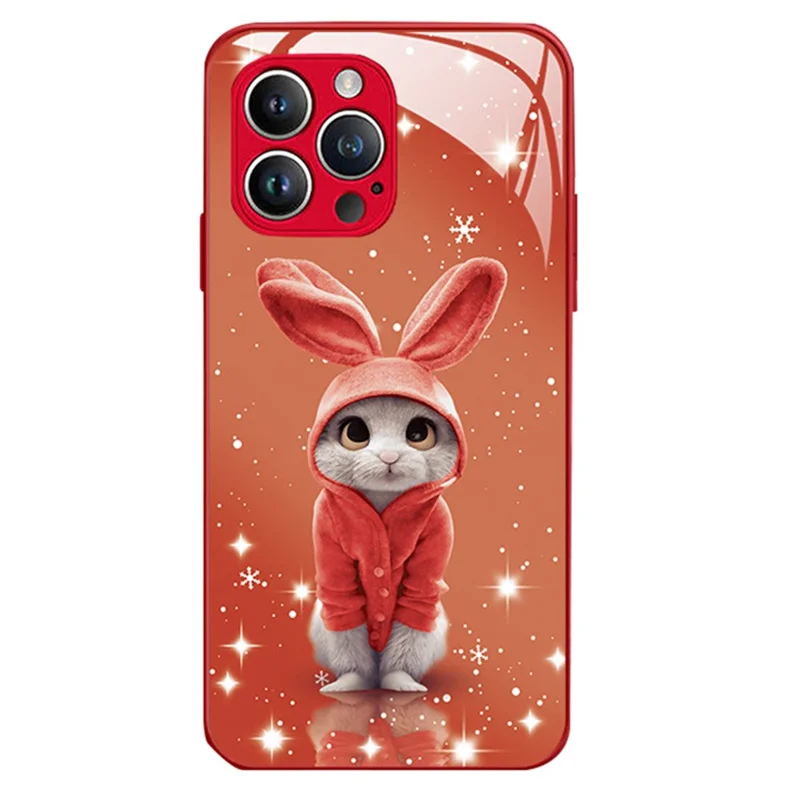 Mobile Phone Case for iPhone 13 Pro 6.1 inch, Anti-Scratch Tempered Glass+TPU Shockproof Rabbit Pattern Printing Cell Phone Cover - Red
