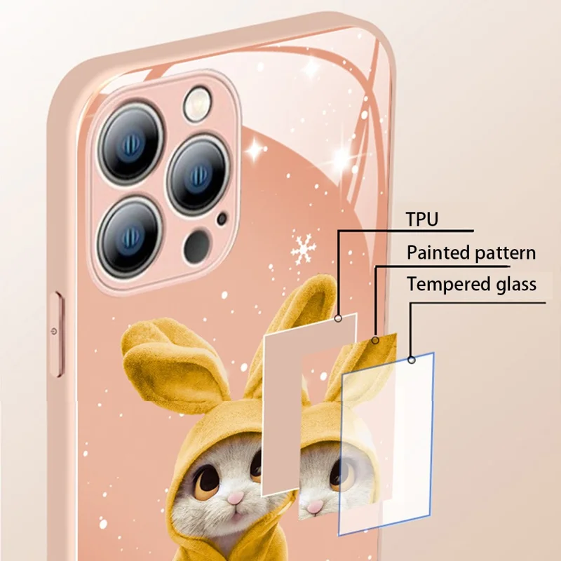 Mobile Phone Case for iPhone 13 Pro 6.1 inch, Anti-Scratch Tempered Glass+TPU Shockproof Rabbit Pattern Printing Cell Phone Cover - Red