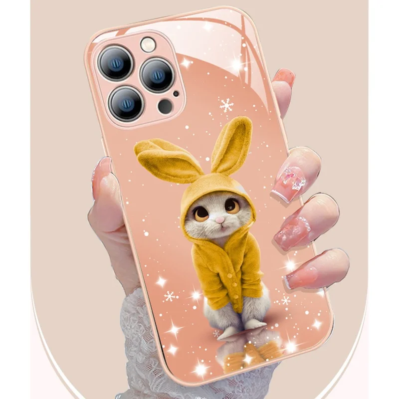 Mobile Phone Case for iPhone 13 Pro 6.1 inch, Anti-Scratch Tempered Glass+TPU Shockproof Rabbit Pattern Printing Cell Phone Cover - Red