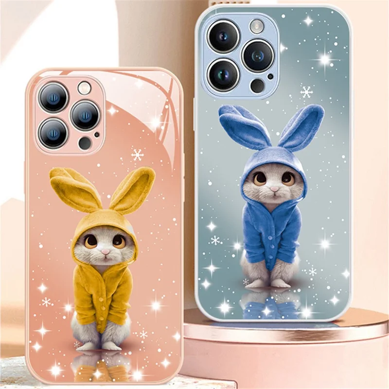 Mobile Phone Case for iPhone 13 Pro 6.1 inch, Anti-Scratch Tempered Glass+TPU Shockproof Rabbit Pattern Printing Cell Phone Cover - Red