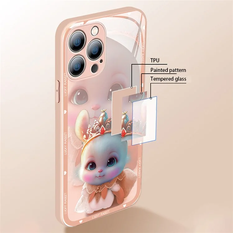 Pour iPhone 12 Pro Max 6,7 pouces Anti-Fading Princess Rabbit Pattern Printing Phone Case Tempered Glass+TPU Phone Cover - Rose